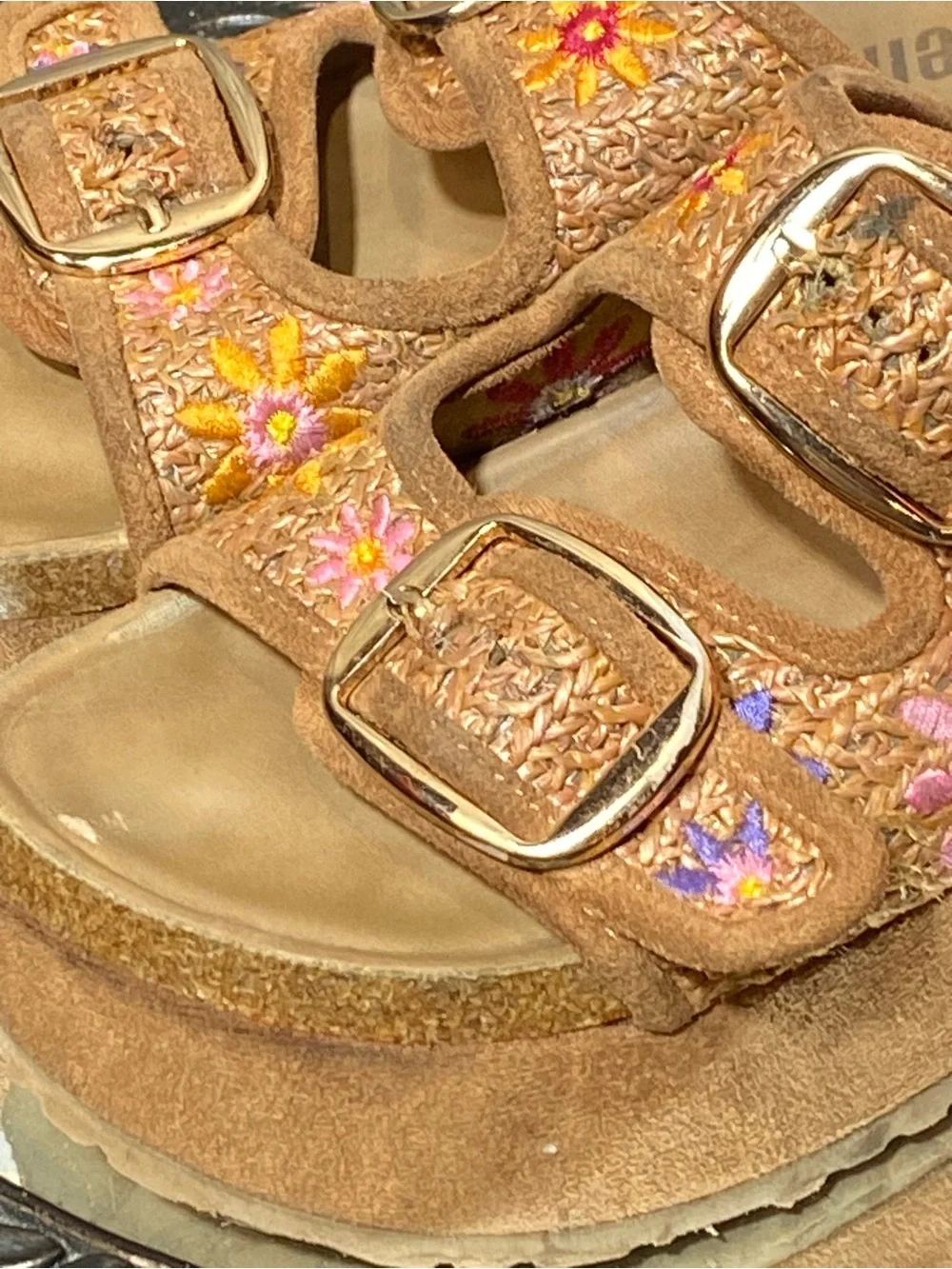 Embroidered Tan Suede Platform Slide Sandals with Buckles